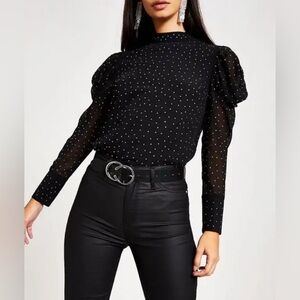 River Island Mock-Neck Puff Long Sleeve Jeweled Blouse